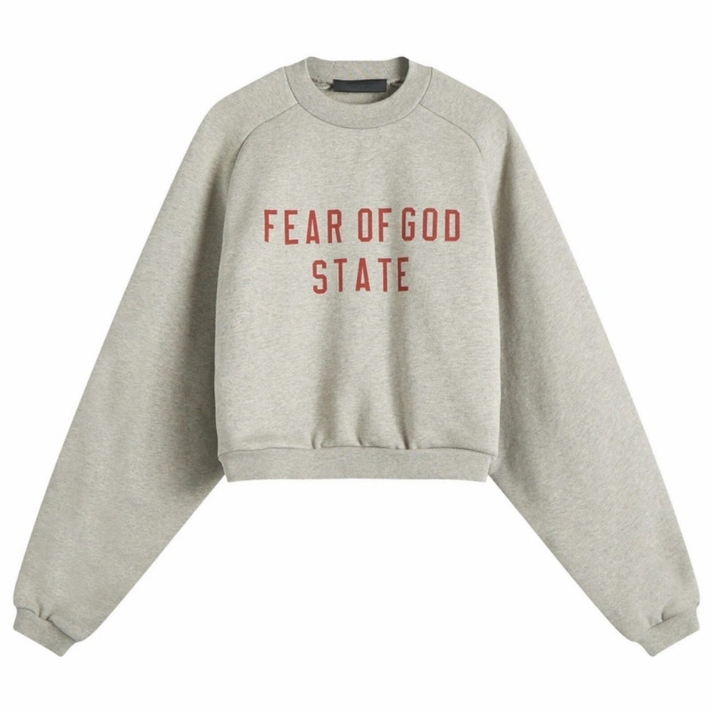 Fear of God Cropped Crewneck Sweatshirt in Light Heather Gray with Red Logo
